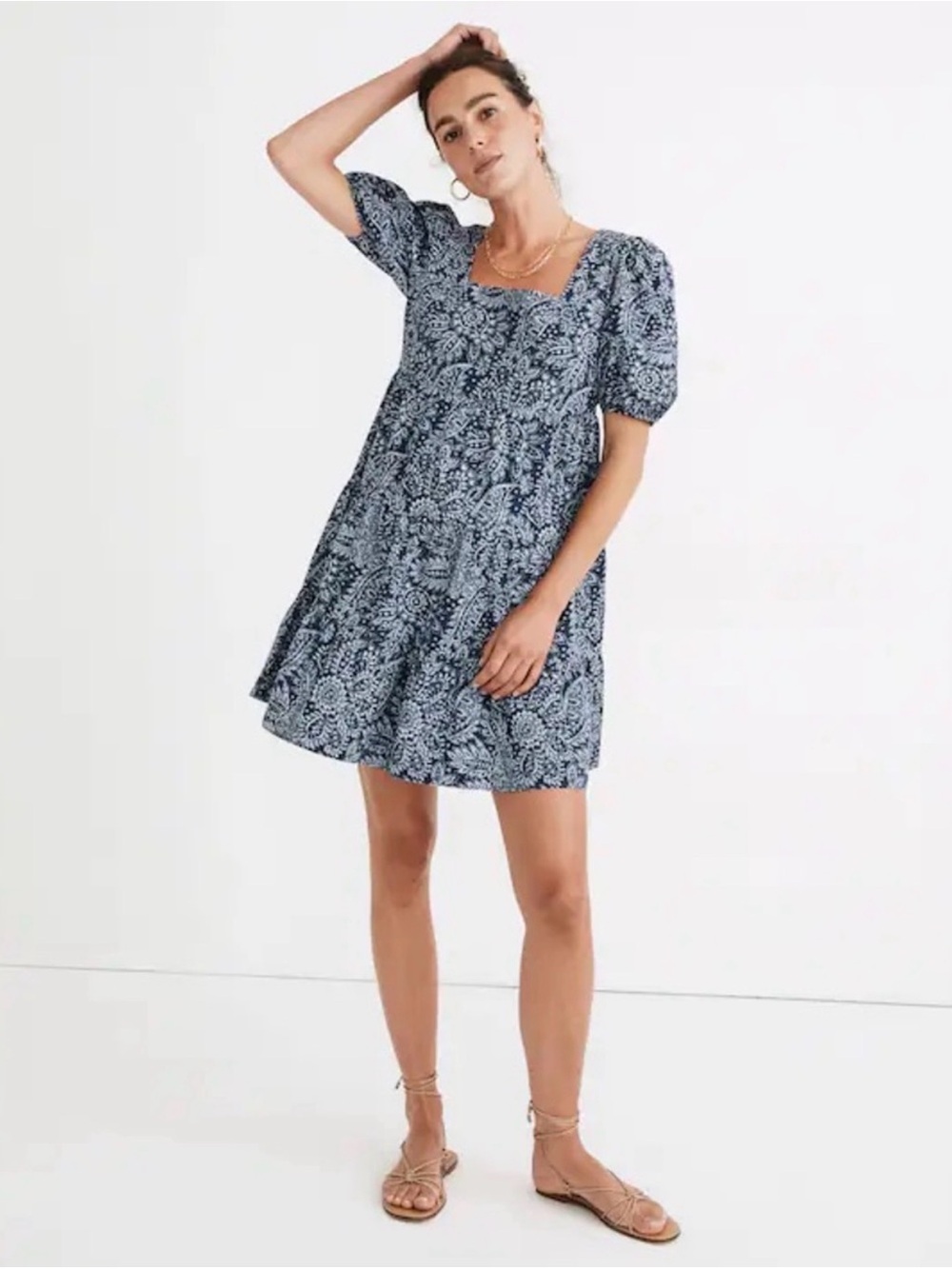 Madewell Blue Paisley Puff Sleeve Tiered Babydoll Dress
